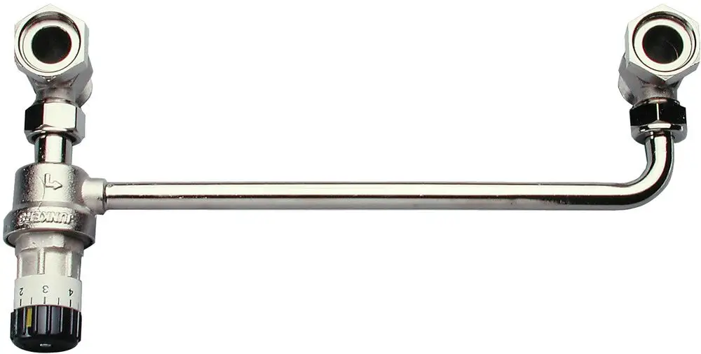 Überströmventil mit zwei Anschlussgewinden und Regelmechanismus. Hergestellt von Bosch, für den hydraulischen Ausgleich in Heizungsanlagen geeignet.